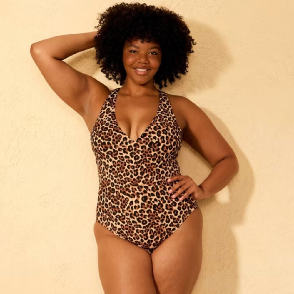 Shade & Shore Leopard Women's Crepe Plunge Medium Coverage One Piece Swimsuit XL - Picture 10 of 10